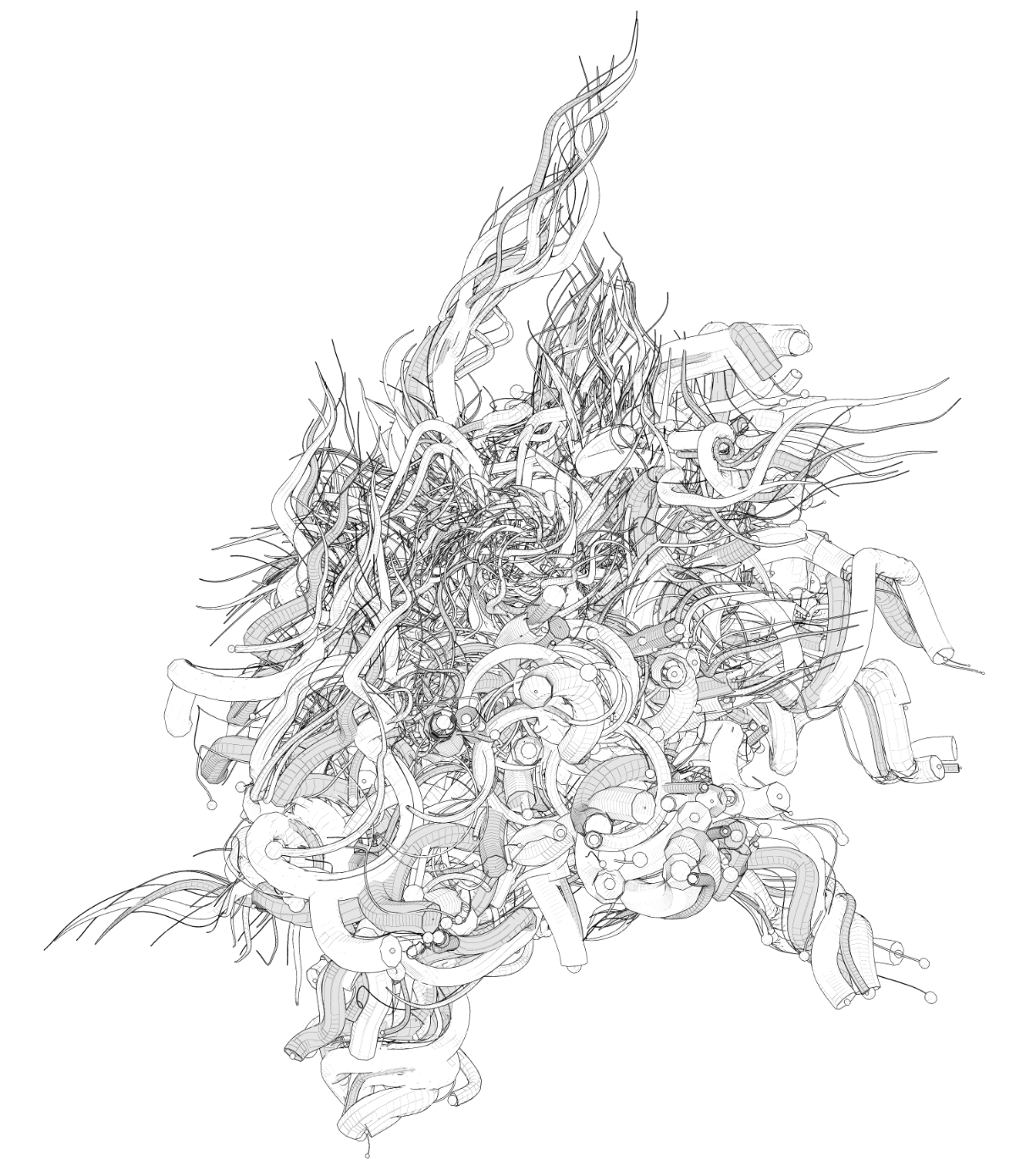 3D rendering of a white, branching, coral-like structure on a black background.