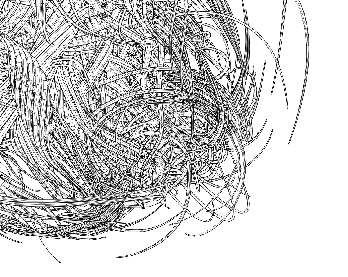 A different view of the white ribbon-like forms, showing more complex knotting.