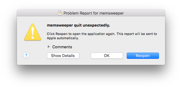 Screenshot of the memsweeper game after a crash, showing the MacOS crash dialog