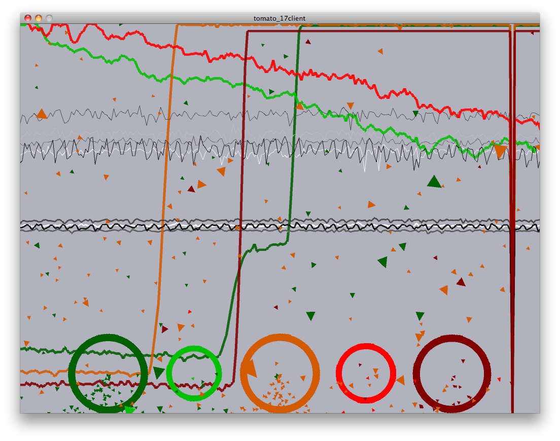 A visualization from the Tomato Quintet project, showing five colorful, circular forms representing the data from the five tomatoes.